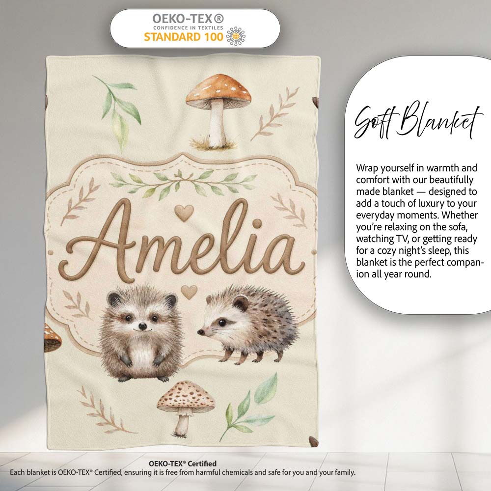 Cute Woodland Hedgehog Mushrooms Leaves Seamless Pattern Light Beige Personalised Custom Name Super Soft Fleece Blanket Bed Sofa Throw