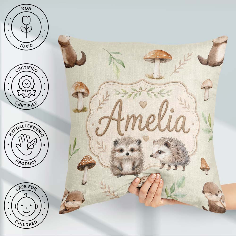 Custom Name Cute Woodland Hedgehog Leaves Seamless Pattern Light Square Filled Cushion Throw Pillow Sofa Bed Home Decor Zip Washable UK Made