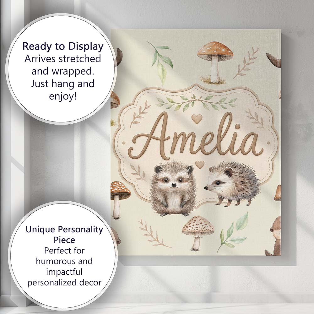 Personalised Name Cute Woodland Hedgehog Custom Unique Gift Idea Elegant Feature Canvas Wall Art Print Decor Picture Ready to Hang