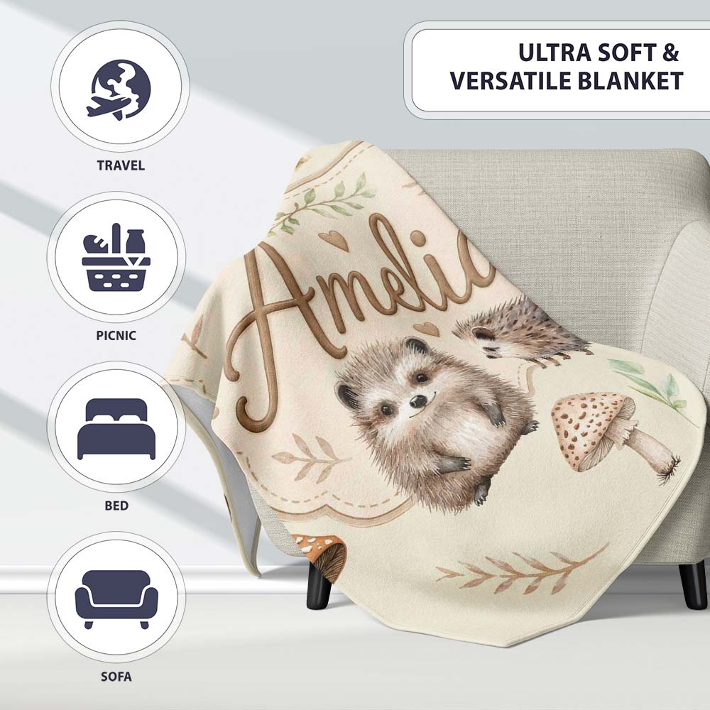 Cute Woodland Hedgehog Mushrooms Leaves Seamless Pattern Light Beige Personalised Custom Name Super Soft Fleece Blanket Bed Sofa Throw