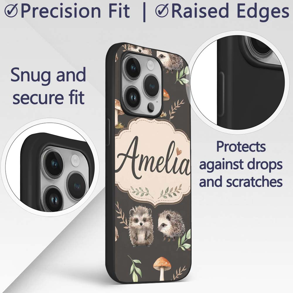 Cute Woodland Hedgehog Mushrooms Leaves Seamless Custom Name Protective Phone Case Mobile Cover Durable Everyday Smartphone Shock Resistant