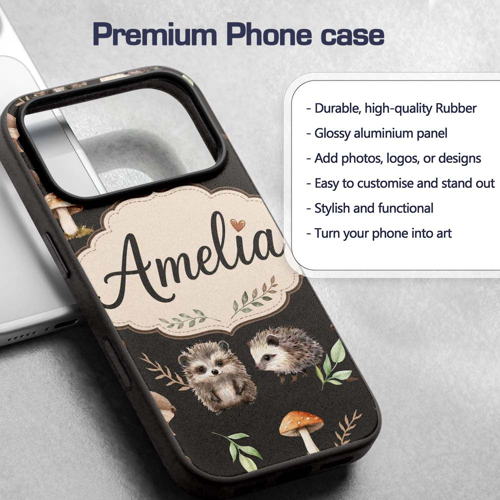 Cute Woodland Hedgehog Mushrooms Leaves Seamless Custom Name Protective Phone Case Mobile Cover Durable Everyday Smartphone Shock Resistant