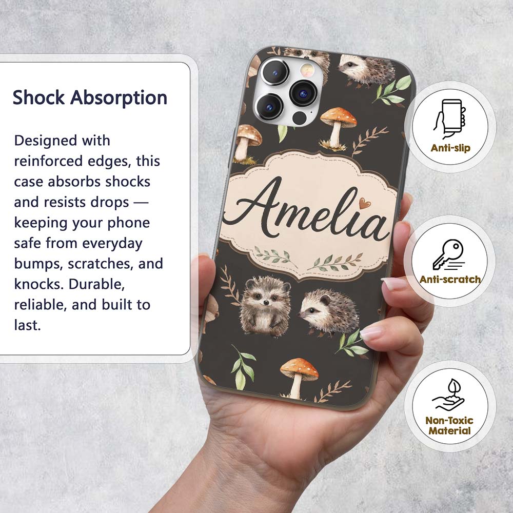 Cute Woodland Hedgehog Mushrooms Leaves Seamless Custom Name Protective Phone Case Mobile Cover Durable Everyday Smartphone Shock Resistant