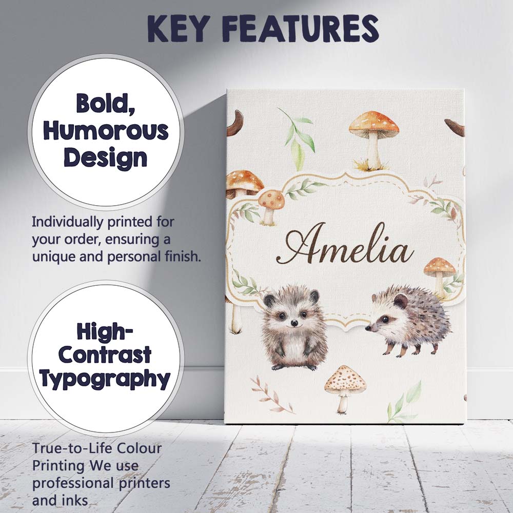 Personalised Name Cute Woodland Hedgehog Custom Unique Gift Idea Elegant Feature Canvas Wall Art Print Decor Picture Ready to Hang