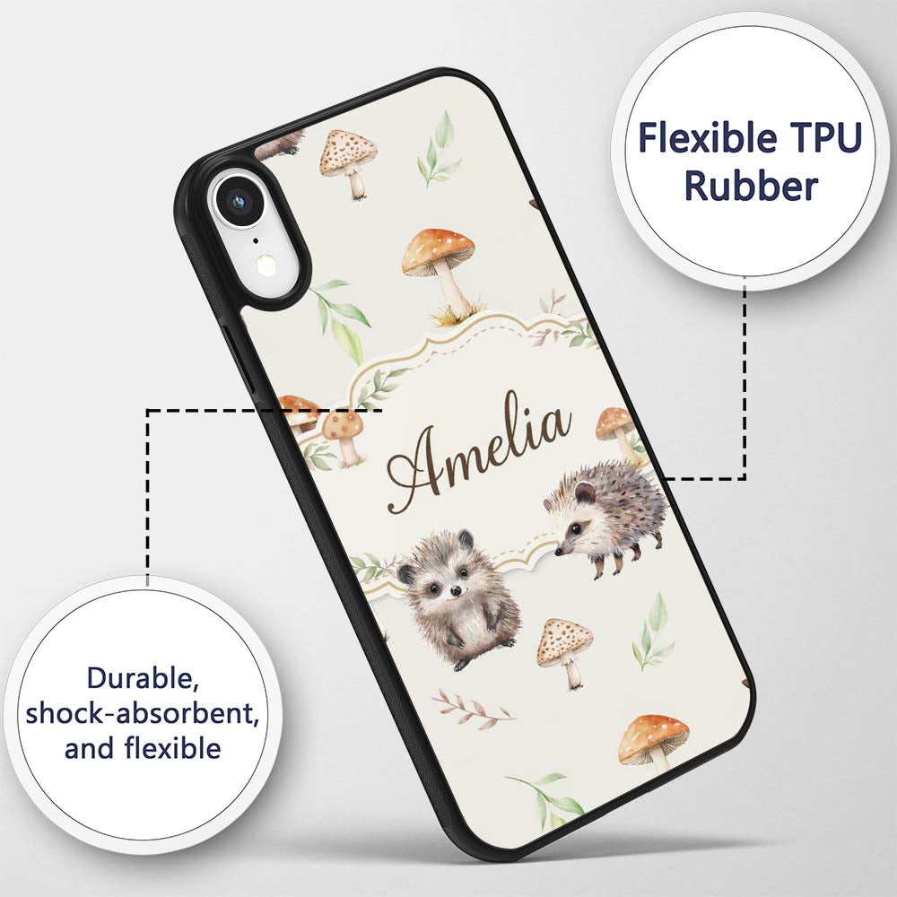 Cute Woodland Hedgehog Mushrooms Leaves Seamless Custom Name Protective Phone Case Mobile Cover Durable Everyday Smartphone Shock Resistant