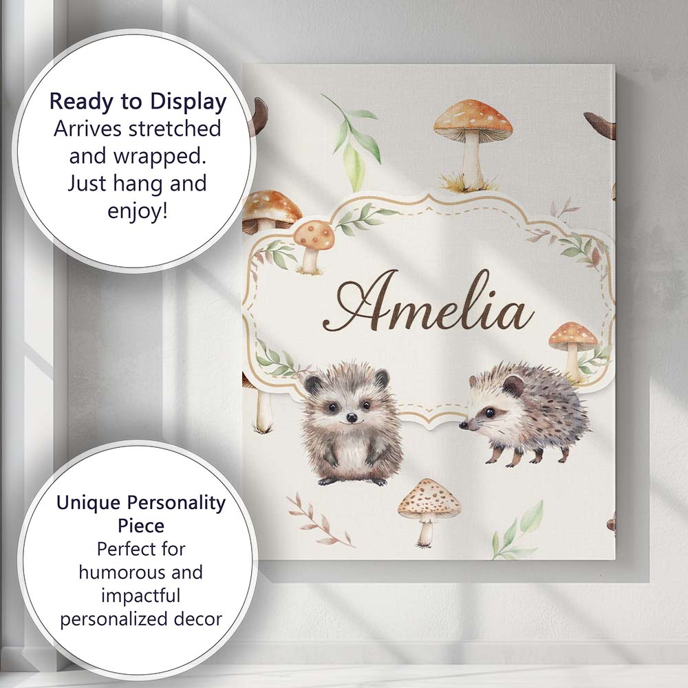 Personalised Name Cute Woodland Hedgehog Custom Unique Gift Idea Elegant Feature Canvas Wall Art Print Decor Picture Ready to Hang