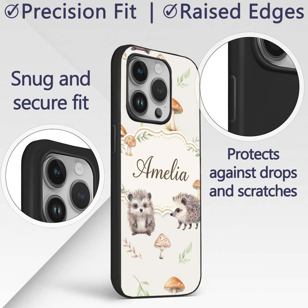 Cute Woodland Hedgehog Mushrooms Leaves Seamless Custom Name Protective Phone Case Mobile Cover Durable Everyday Smartphone Shock Resistant