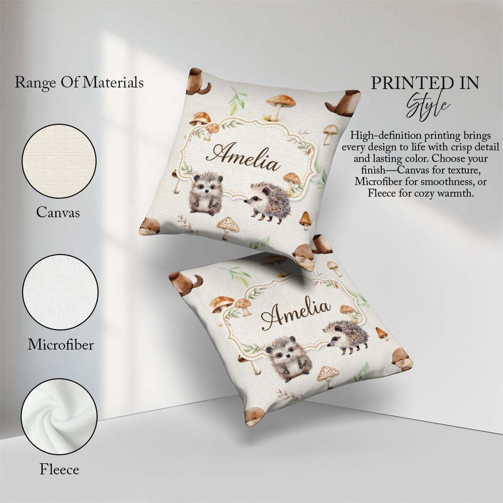 Custom Name Cute Woodland Hedgehog Mushrooms Seamless Soft Grey Square Filled Cushion Throw Pillow Sofa Bed Home Decor Zip Washable UK Made