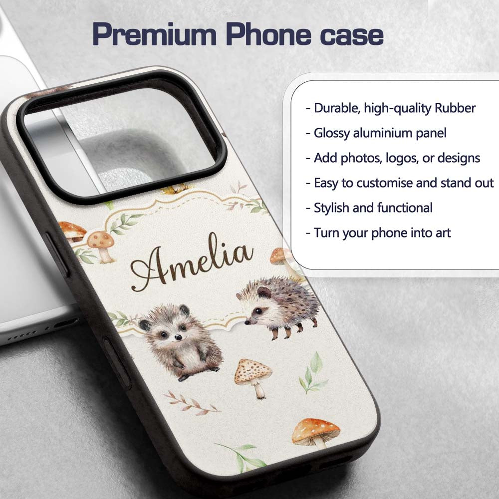 Cute Woodland Hedgehog Mushrooms Leaves Seamless Custom Name Protective Phone Case Mobile Cover Durable Everyday Smartphone Shock Resistant