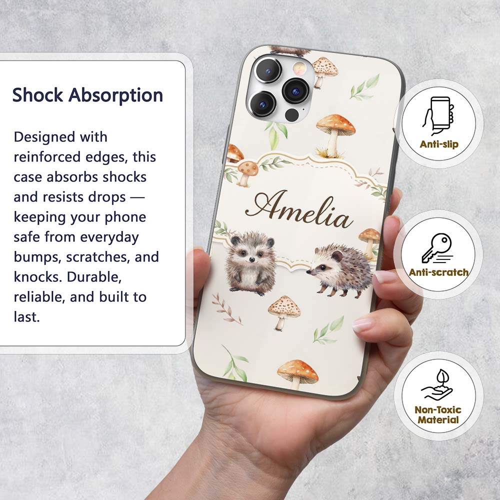 Cute Woodland Hedgehog Mushrooms Leaves Seamless Custom Name Protective Phone Case Mobile Cover Durable Everyday Smartphone Shock Resistant