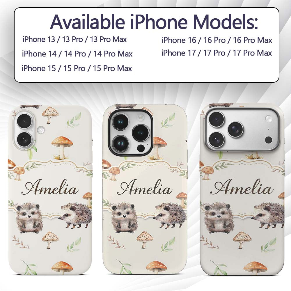 Cute Woodland Hedgehog Mushrooms Leaves Seamless Custom Name Protective Phone Case Mobile Cover Durable Everyday Smartphone Shock Resistant