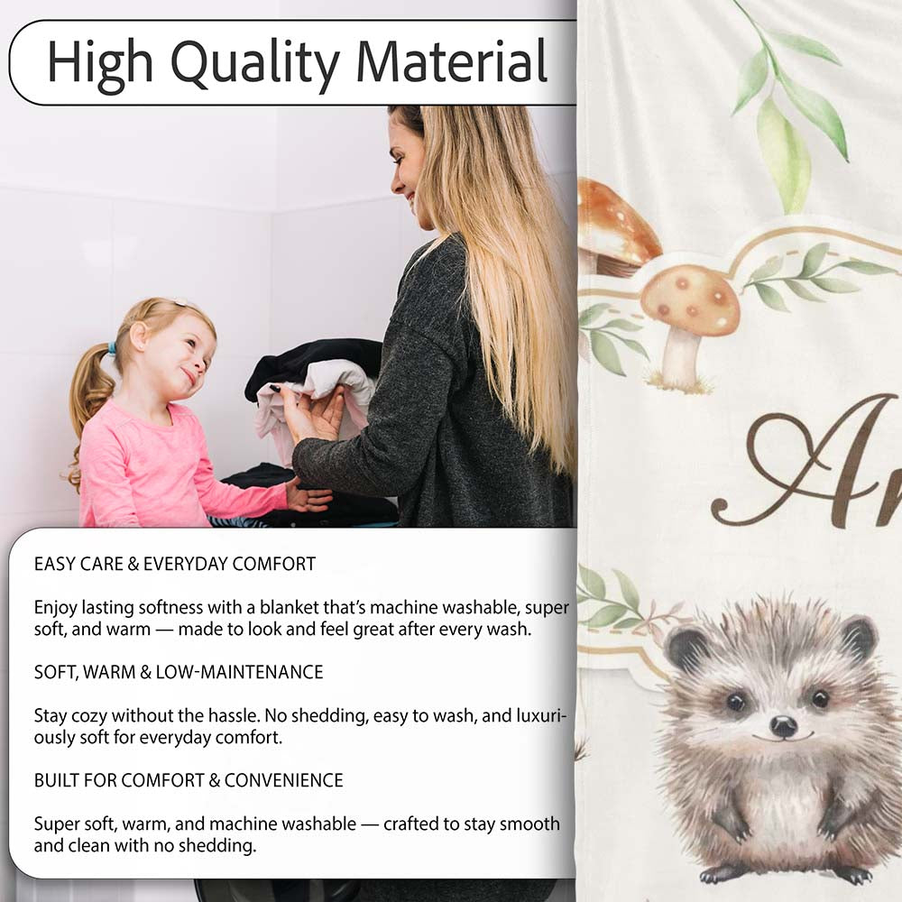Cute Woodland Hedgehog Mushrooms Leaves Seamless Soft Grey Personalised Custom Name Super Soft Fleece Blanket Bed Sofa Throw