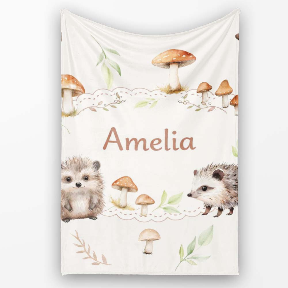 Cute Woodland Hedgehog Mushrooms Leaves Seamless Pattern Warm Beige Personalised Custom Name Super Soft Fleece Blanket Bed Sofa Throw