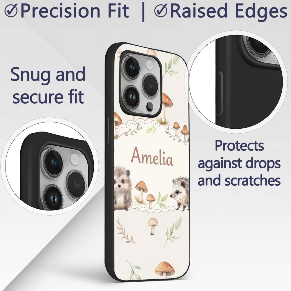 Cute Woodland Hedgehog Mushrooms Leaves Seamless Custom Name Protective Phone Case Mobile Cover Durable Everyday Smartphone Shock Resistant