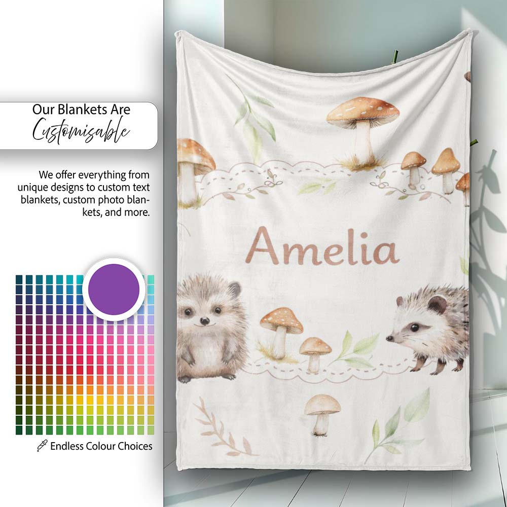 Cute Woodland Hedgehog Mushrooms Leaves Seamless Pattern Warm Beige Personalised Custom Name Super Soft Fleece Blanket Bed Sofa Throw