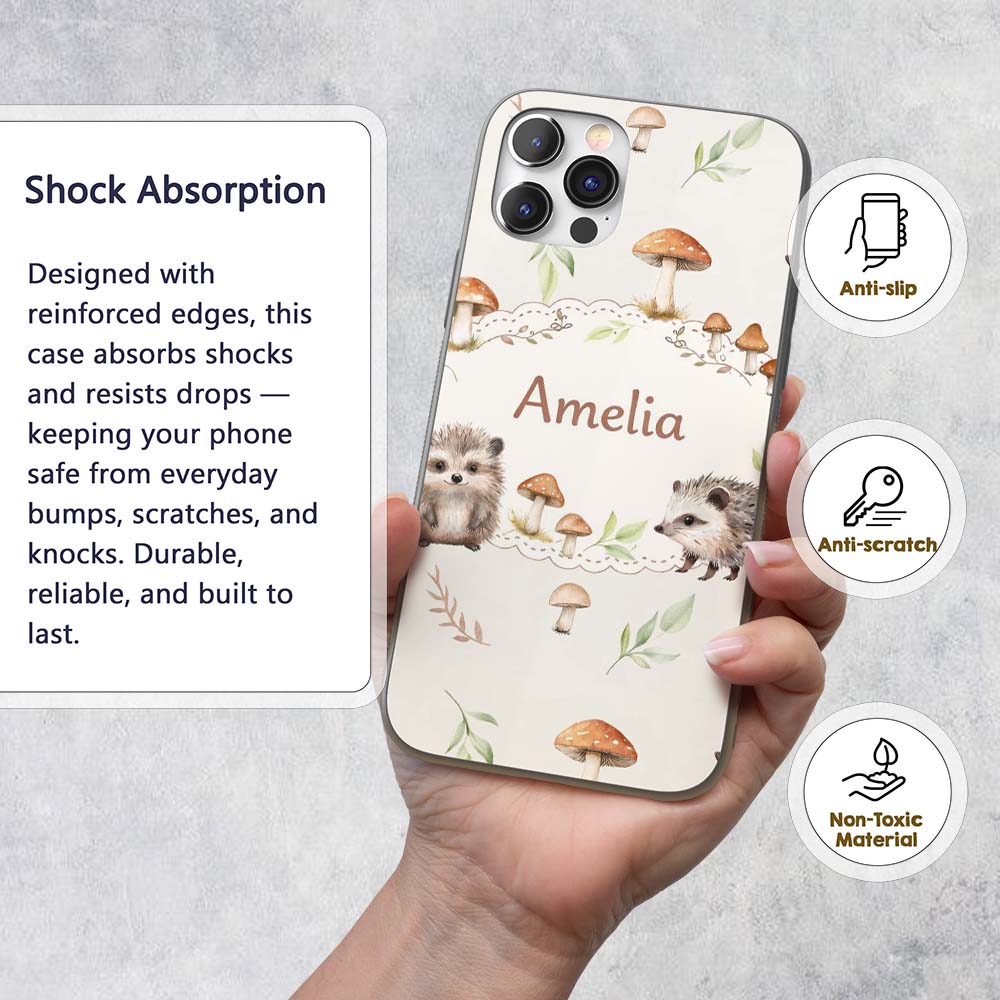 Cute Woodland Hedgehog Mushrooms Leaves Seamless Custom Name Protective Phone Case Mobile Cover Durable Everyday Smartphone Shock Resistant