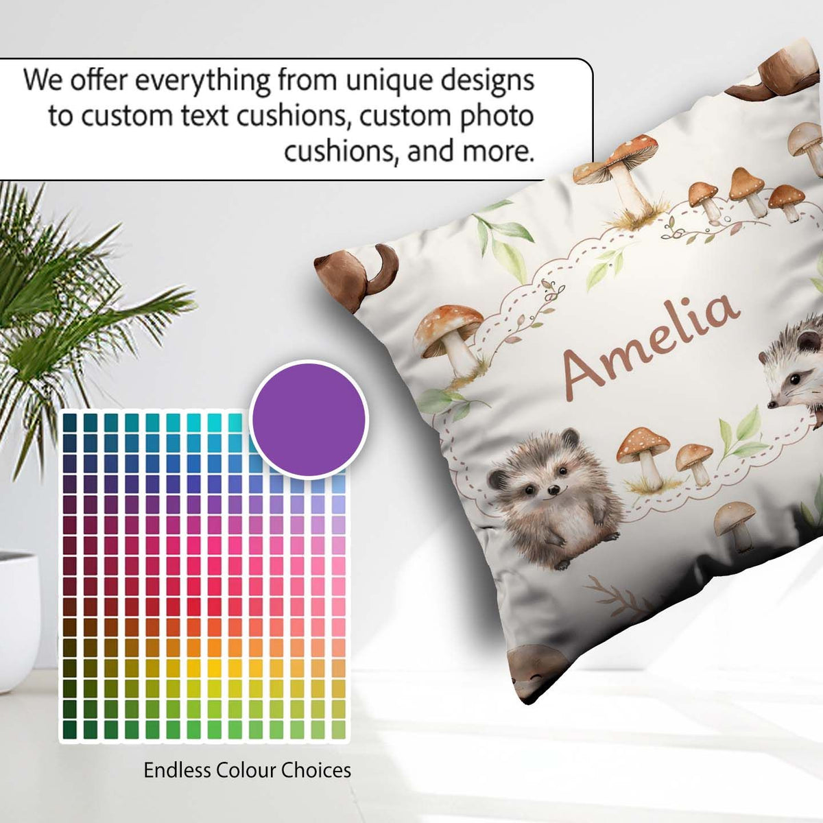 Custom Name Woodland Hedgehog Leaves Seamless Pattern Warm Beige Square Filled Cushion Throw Pillow Sofa Bed Home Decor Zip Washable UK Made