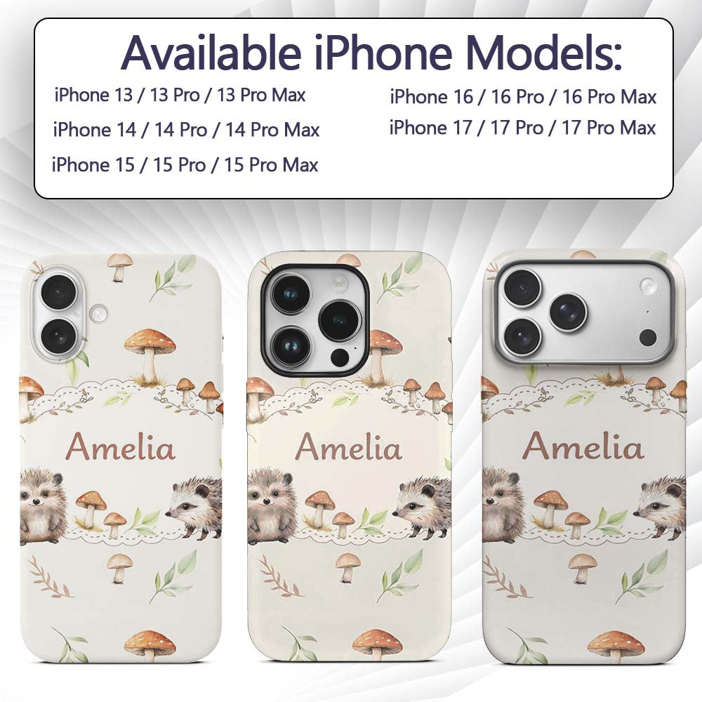Cute Woodland Hedgehog Mushrooms Leaves Seamless Custom Name Protective Phone Case Mobile Cover Durable Everyday Smartphone Shock Resistant