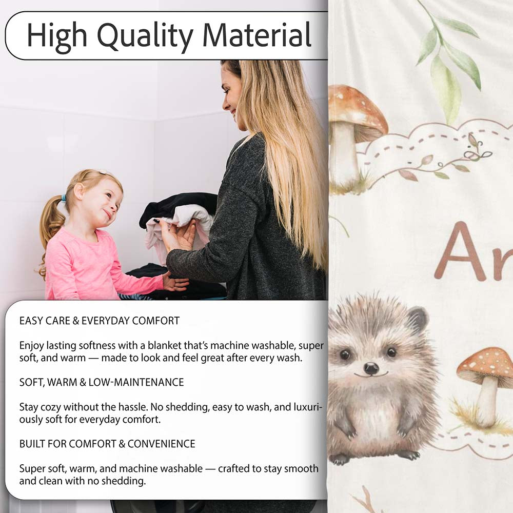 Cute Woodland Hedgehog Mushrooms Leaves Seamless Pattern Warm Beige Personalised Custom Name Super Soft Fleece Blanket Bed Sofa Throw