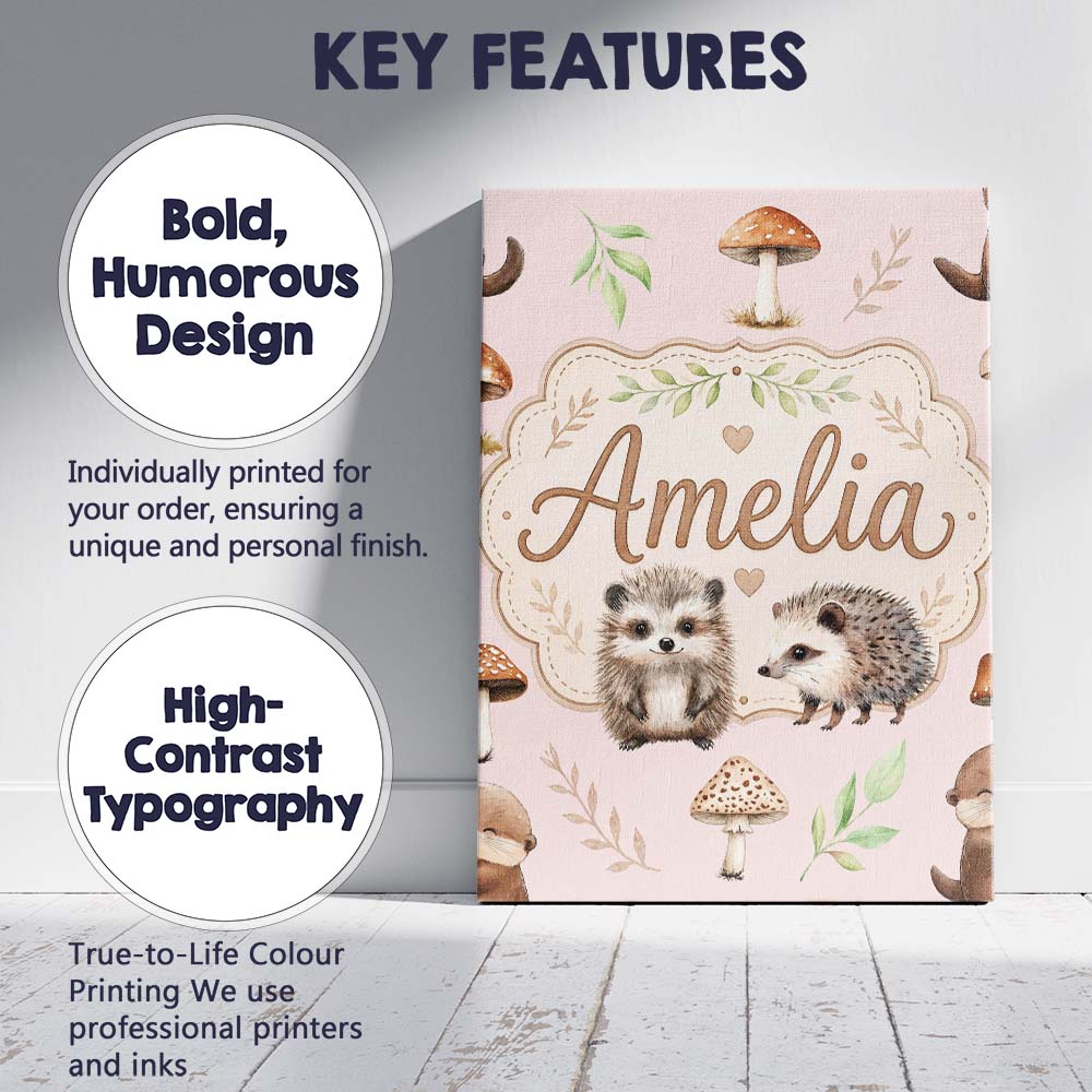Personalised Name Cute Woodland Hedgehog Custom Unique Gift Idea Elegant Feature Canvas Wall Art Print Decor Picture Ready to Hang