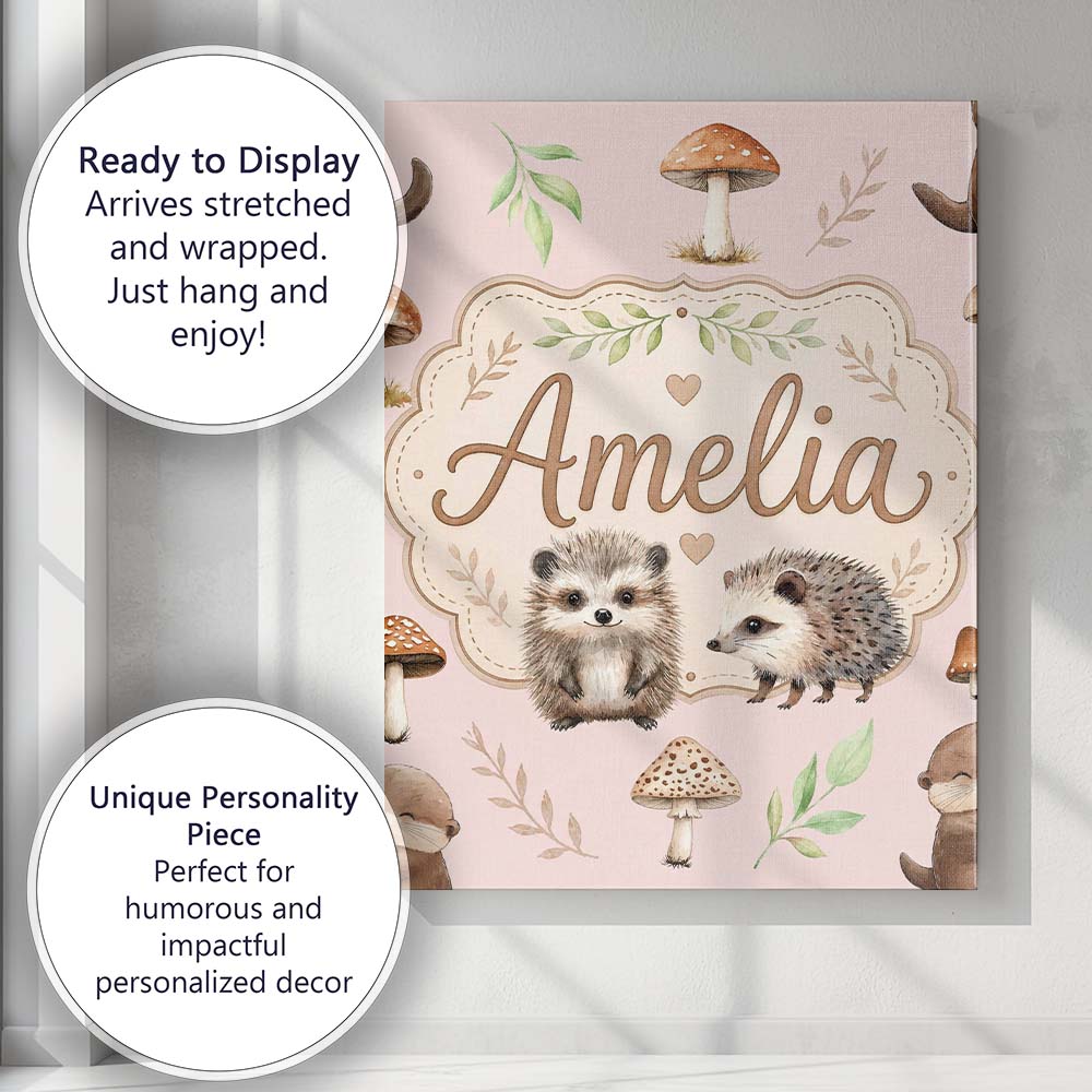 Personalised Name Cute Woodland Hedgehog Custom Unique Gift Idea Elegant Feature Canvas Wall Art Print Decor Picture Ready to Hang