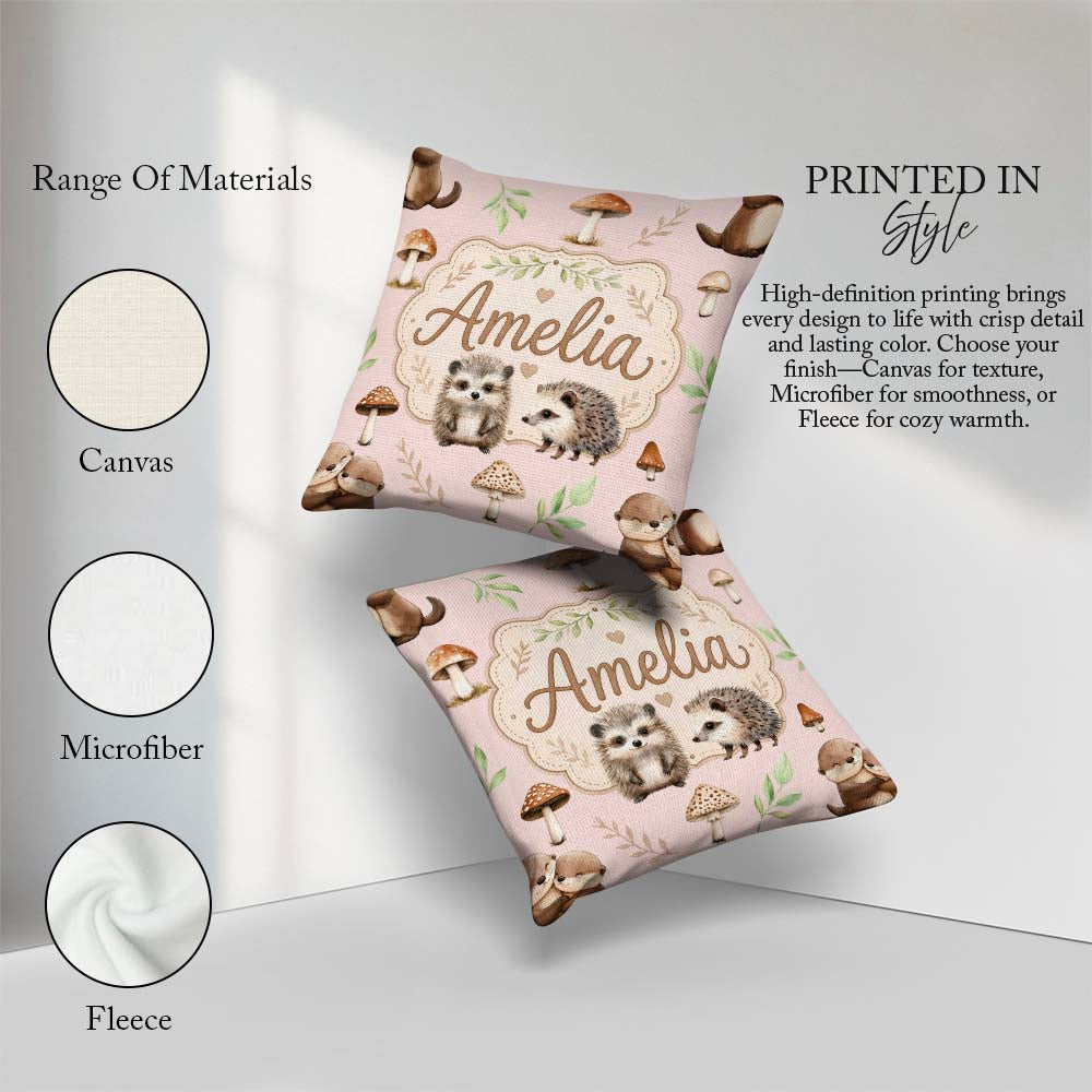 Custom Name Woodland Hedgehog Leaves Seamless Pattern Sage Green Square Filled Cushion Throw Pillow Sofa Bed Home Decor Zip Washable UK Made