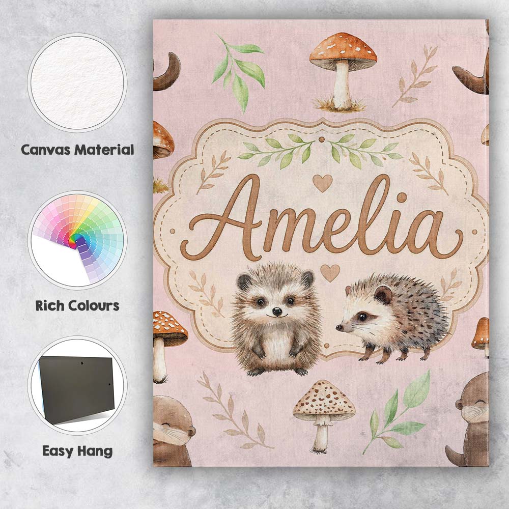 Personalised Name Cute Woodland Hedgehog Custom Unique Gift Idea Elegant Feature Canvas Wall Art Print Decor Picture Ready to Hang