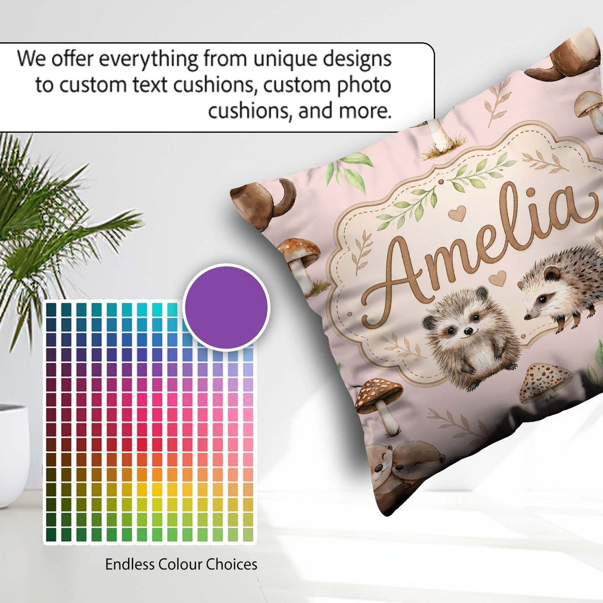 Custom Name Woodland Hedgehog Leaves Seamless Pattern Sage Green Square Filled Cushion Throw Pillow Sofa Bed Home Decor Zip Washable UK Made