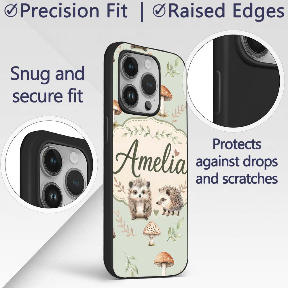 Cute Woodland Hedgehog Mushrooms Leaves Seamless Custom Name Protective Phone Case Mobile Cover Durable Everyday Smartphone Shock Resistant