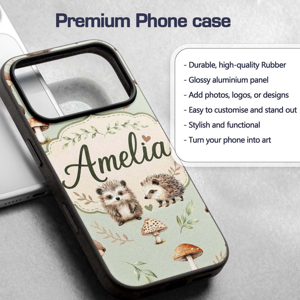 Cute Woodland Hedgehog Mushrooms Leaves Seamless Custom Name Protective Phone Case Mobile Cover Durable Everyday Smartphone Shock Resistant