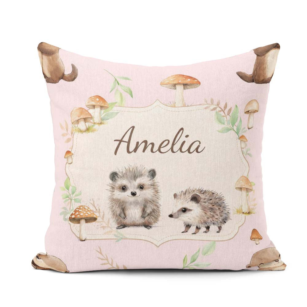 Custom Name Woodland Hedgehog Leaves Seamless Pattern Soft Blush Square Filled Cushion Throw Pillow Sofa Bed Home Decor Zip Washable UK Made