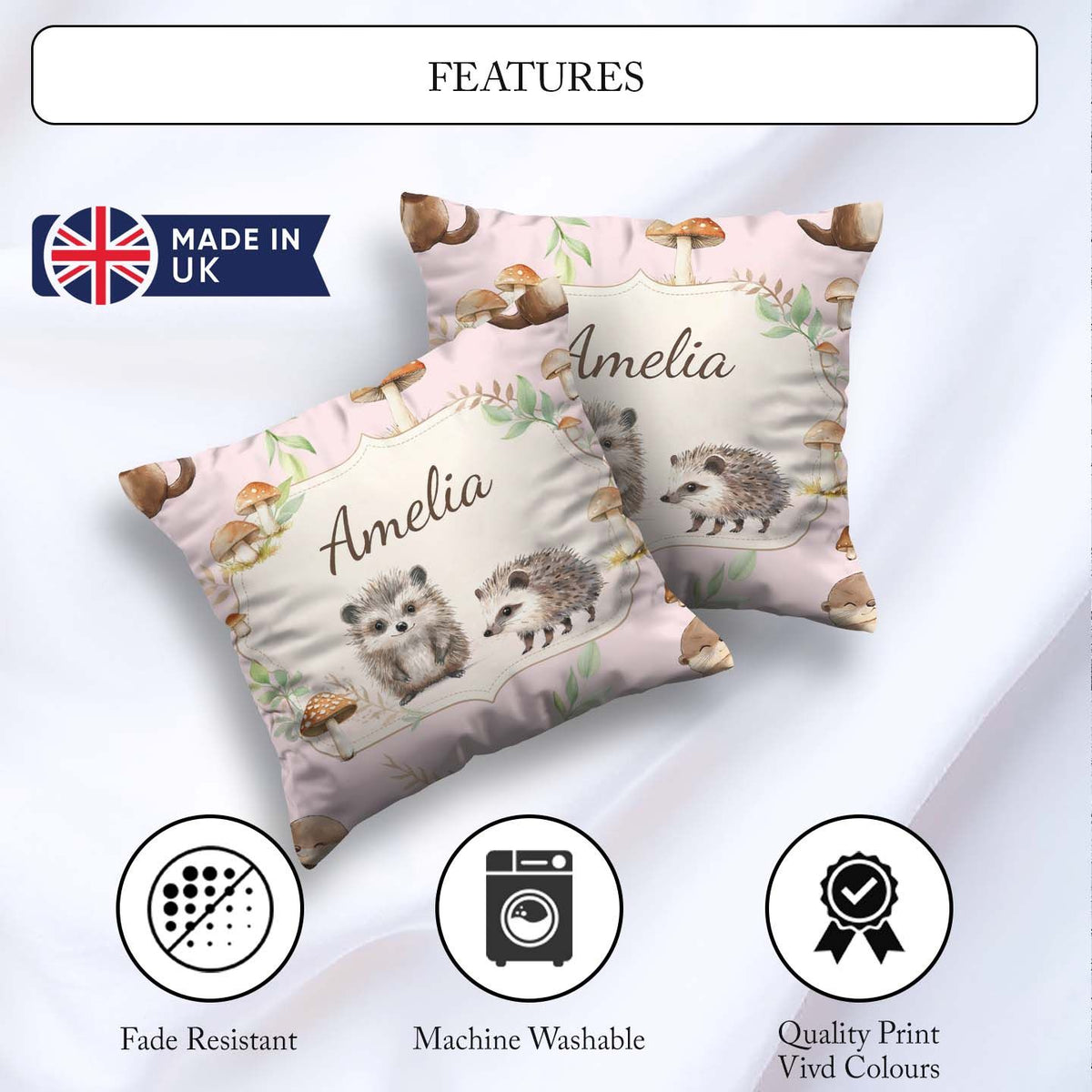 Custom Name Woodland Hedgehog Leaves Seamless Pattern Soft Blush Square Filled Cushion Throw Pillow Sofa Bed Home Decor Zip Washable UK Made