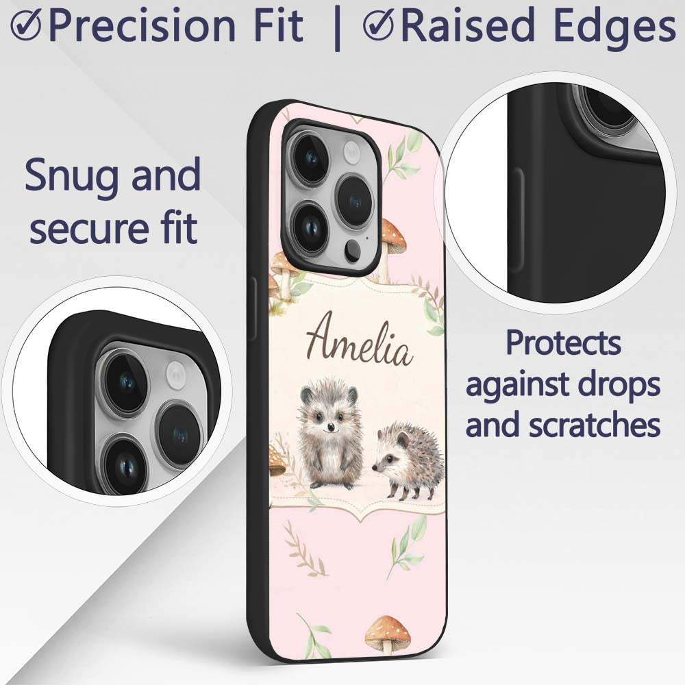 Cute Woodland Hedgehog Mushrooms Leaves Seamless Custom Name Protective Phone Case Mobile Cover Durable Everyday Smartphone Shock Resistant