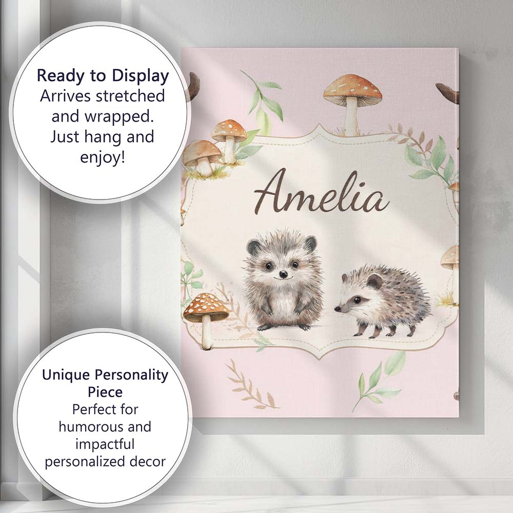 Personalised Name Cute Woodland Hedgehog Custom Unique Gift Idea Elegant Feature Canvas Wall Art Print Decor Picture Ready to Hang