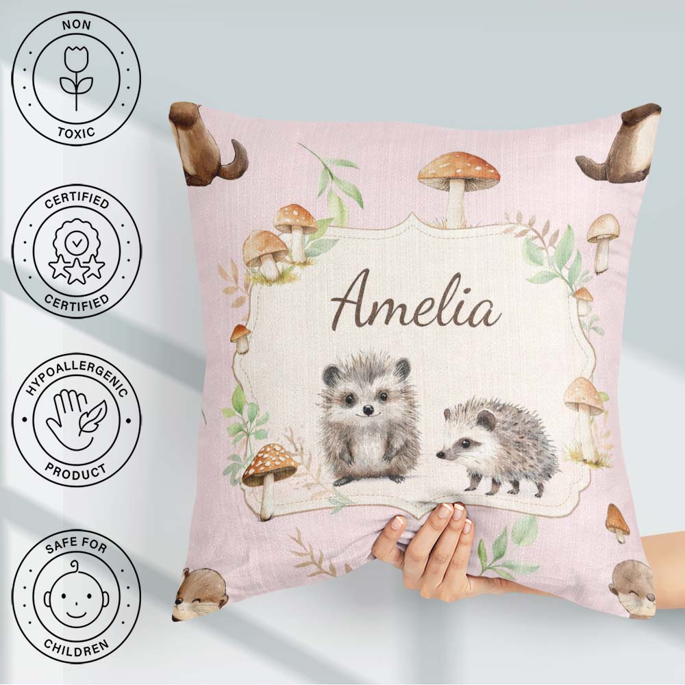 Custom Name Woodland Hedgehog Leaves Seamless Pattern Soft Blush Square Filled Cushion Throw Pillow Sofa Bed Home Decor Zip Washable UK Made