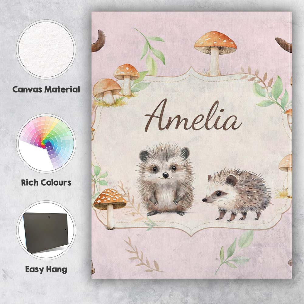 Personalised Name Cute Woodland Hedgehog Custom Unique Gift Idea Elegant Feature Canvas Wall Art Print Decor Picture Ready to Hang