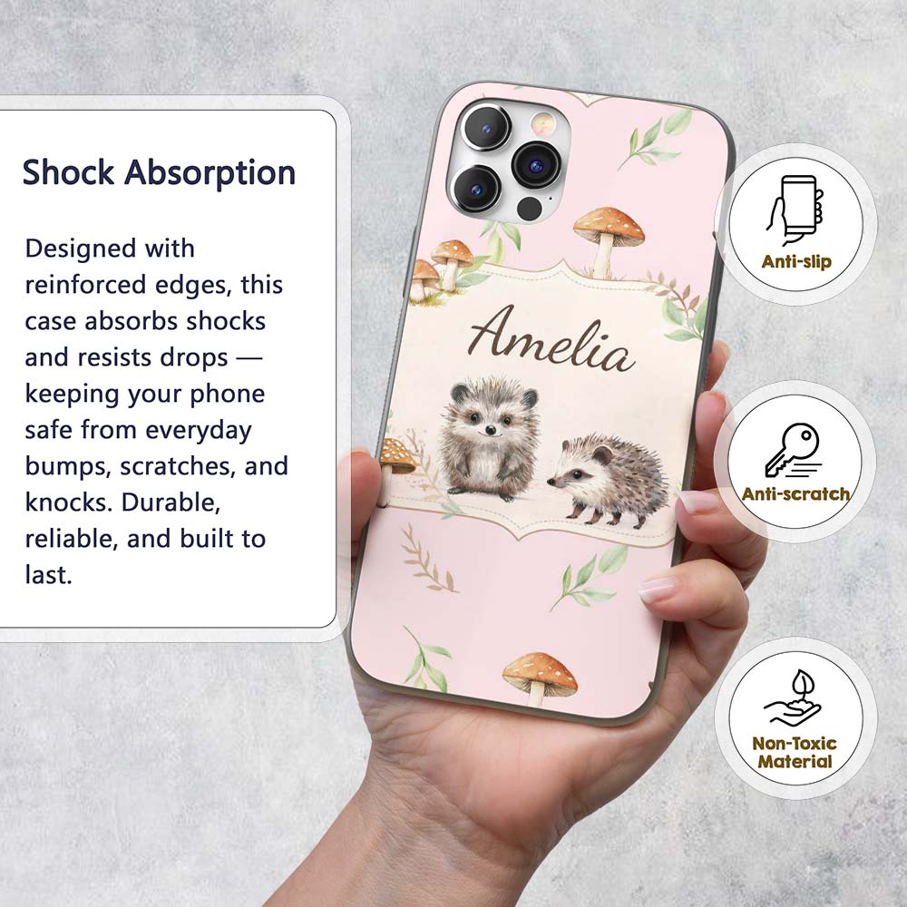 Cute Woodland Hedgehog Mushrooms Leaves Seamless Custom Name Protective Phone Case Mobile Cover Durable Everyday Smartphone Shock Resistant