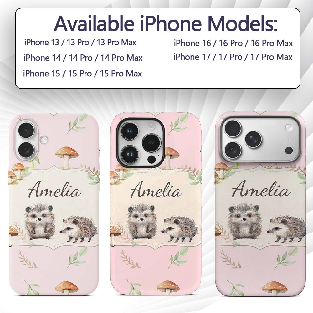 Cute Woodland Hedgehog Mushrooms Leaves Seamless Custom Name Protective Phone Case Mobile Cover Durable Everyday Smartphone Shock Resistant