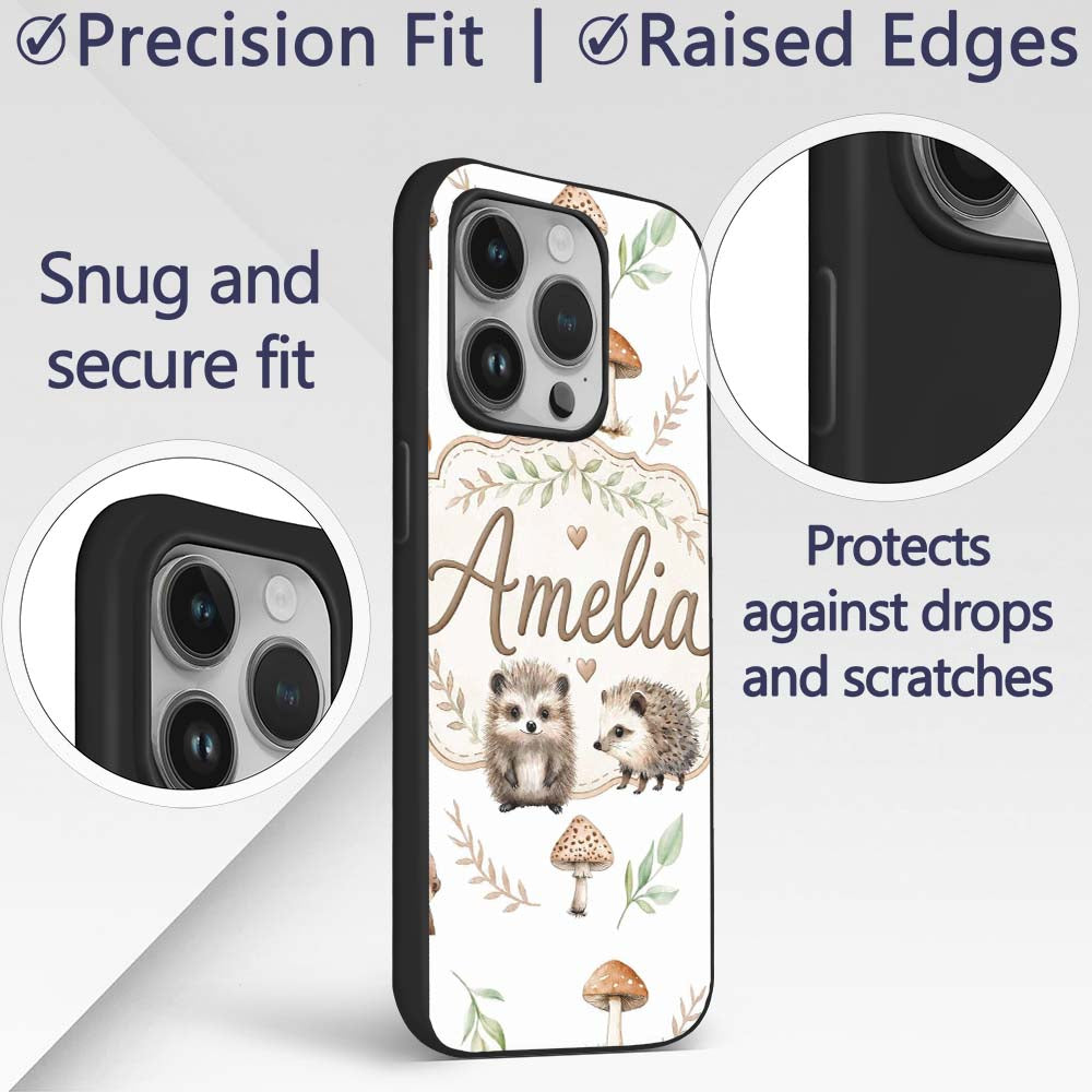 Cute Woodland Hedgehog Mushrooms Leaves Seamless Custom Name Protective Phone Case Mobile Cover Durable Everyday Smartphone Shock Resistant