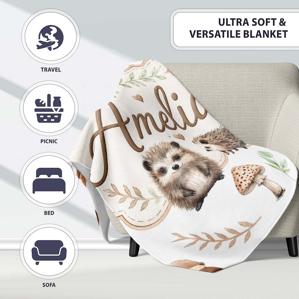 Cute Woodland Hedgehog Mushrooms Leaves Seamless Pattern Soft Grey Personalised Custom Name Super Soft Fleece Blanket Bed Sofa Throw