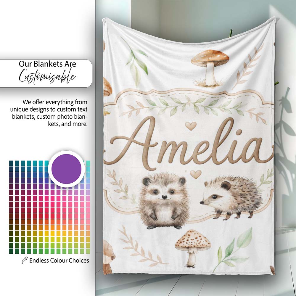 Cute Woodland Hedgehog Mushrooms Leaves Seamless Pattern Soft Grey Personalised Custom Name Super Soft Fleece Blanket Bed Sofa Throw