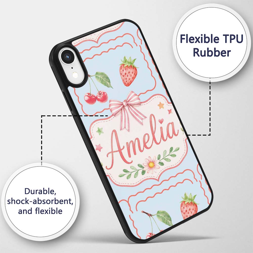 Cute Strawberry Cherry Ribbon Bow Sweet Dessert Custom Name Protective Phone Case Mobile Cover Durable Everyday Smartphone Shock Resistant