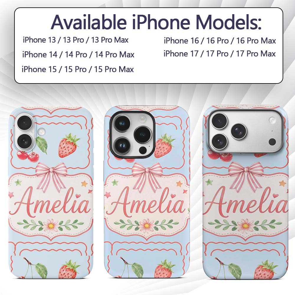 Cute Strawberry Cherry Ribbon Bow Sweet Dessert Custom Name Protective Phone Case Mobile Cover Durable Everyday Smartphone Shock Resistant