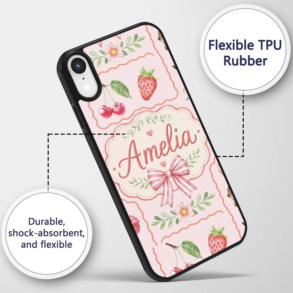 Cute Strawberry Cherry Ribbon Bow Sweet Dessert Custom Name Protective Phone Case Mobile Cover Durable Everyday Smartphone Shock Resistant