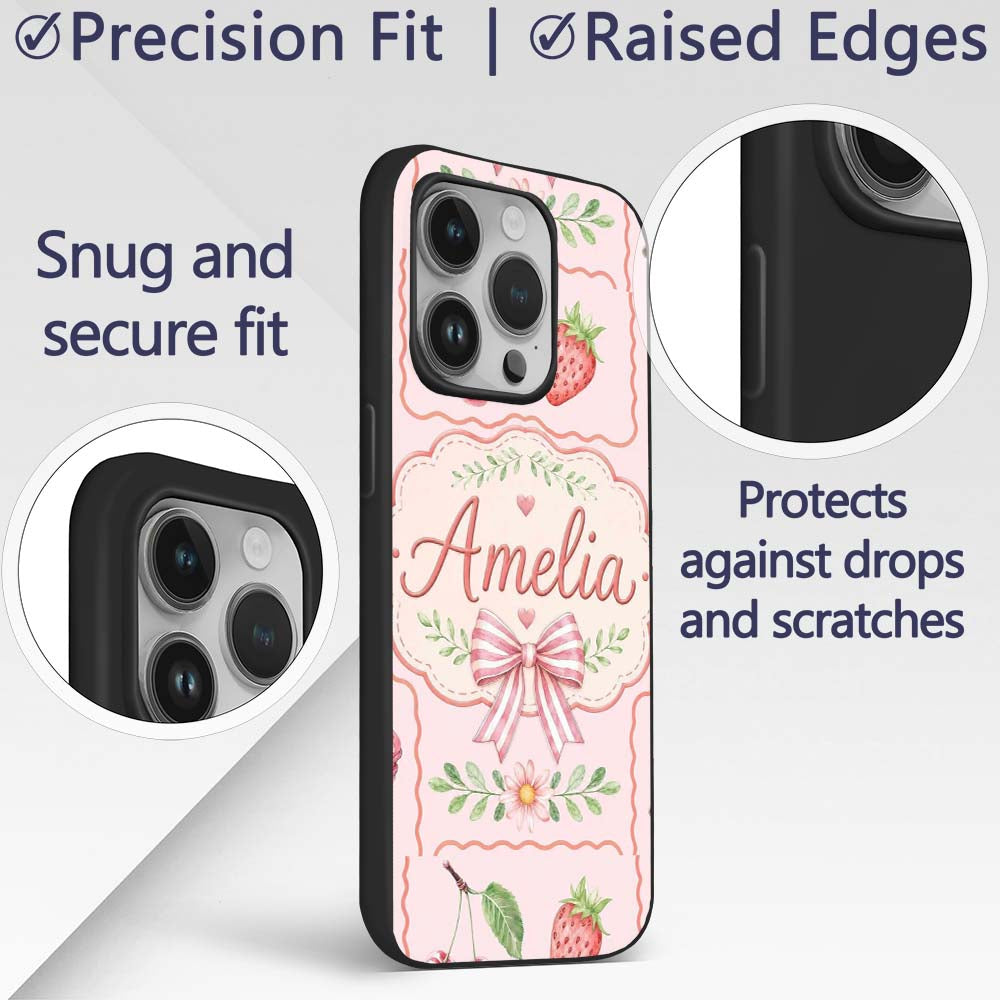 Cute Strawberry Cherry Ribbon Bow Sweet Dessert Custom Name Protective Phone Case Mobile Cover Durable Everyday Smartphone Shock Resistant