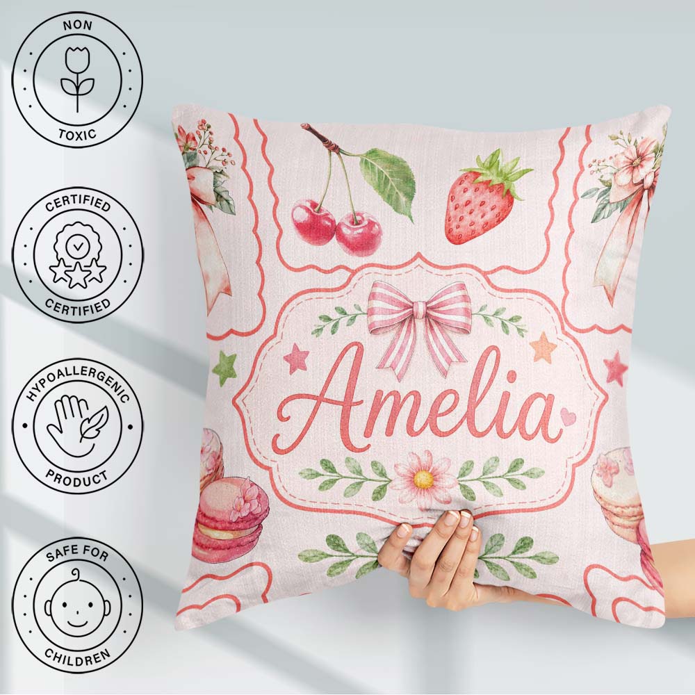Custom Name Cute Cherry Ribbon Sweet Dessert Pattern Soft Pink Square Filled Cushion Throw Pillow Sofa Bed Home Decor Zip Washable UK Made