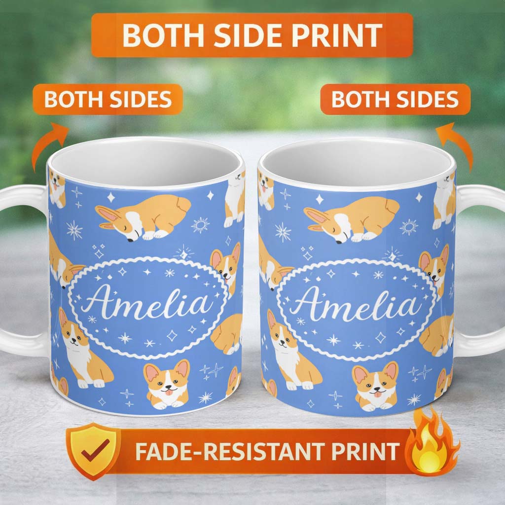 Personalized Custom Name Cute Corgi Dogs Stars Blue Background Seamless Pattern Lovely 11oz Ceramic Coffee Tea Mug White Large Handle