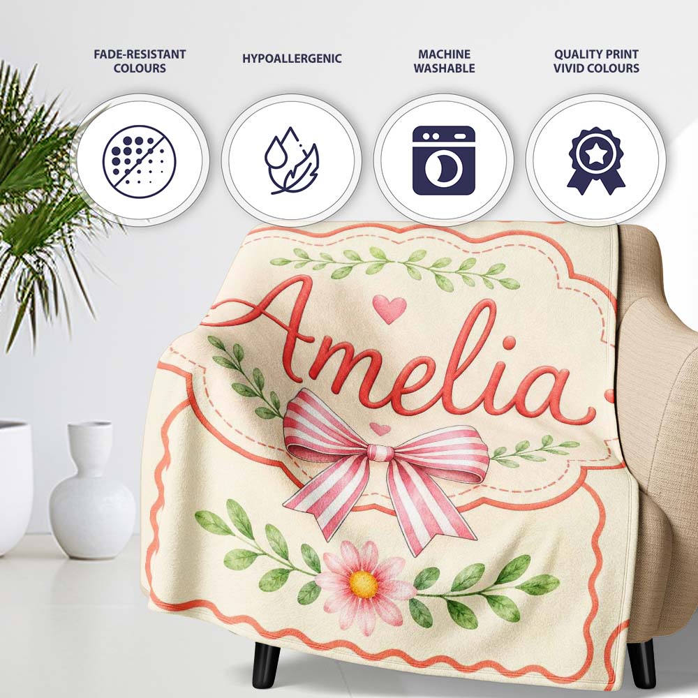 Cute Strawberry Cherry Ribbon Bow Sweet Dessert Pattern Warm Beige Personalised Custom Name Super Soft Fleece Blanket Bed Sofa Throw