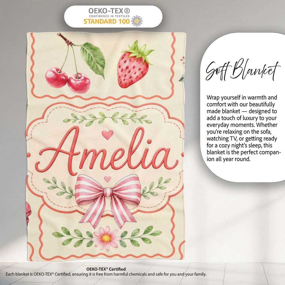 Cute Strawberry Cherry Ribbon Bow Sweet Dessert Pattern Warm Beige Personalised Custom Name Super Soft Fleece Blanket Bed Sofa Throw