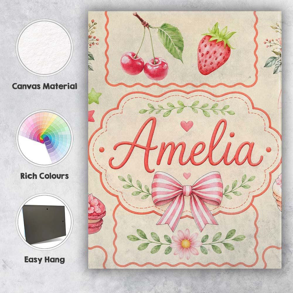 Personalised Name Cute Strawberry Cherry Custom Unique Gift Idea Elegant Feature Canvas Wall Art Print Decor Picture Ready to Hang